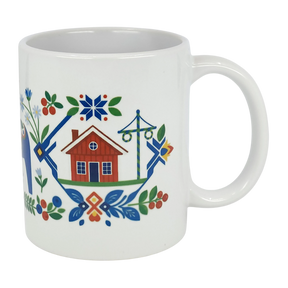 Brighten your table with the Nordic Wholesale Mug: Swedish Folk Art — Blue Dala Horse, Church & Red House. This 11oz ceramic mug features charming Scandinavian folk art motifs, including a red house, blue Dala horse, church, floral details, green leaves, and intricate geometric patterns—perfect for adding a touch of traditional Swedish style to your daily routine.