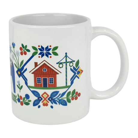Brighten your table with the Nordic Wholesale Mug: Swedish Folk Art — Blue Dala Horse, Church & Red House. This 11oz ceramic mug features charming Scandinavian folk art motifs, including a red house, blue Dala horse, church, floral details, green leaves, and intricate geometric patterns—perfect for adding a touch of traditional Swedish style to your daily routine.