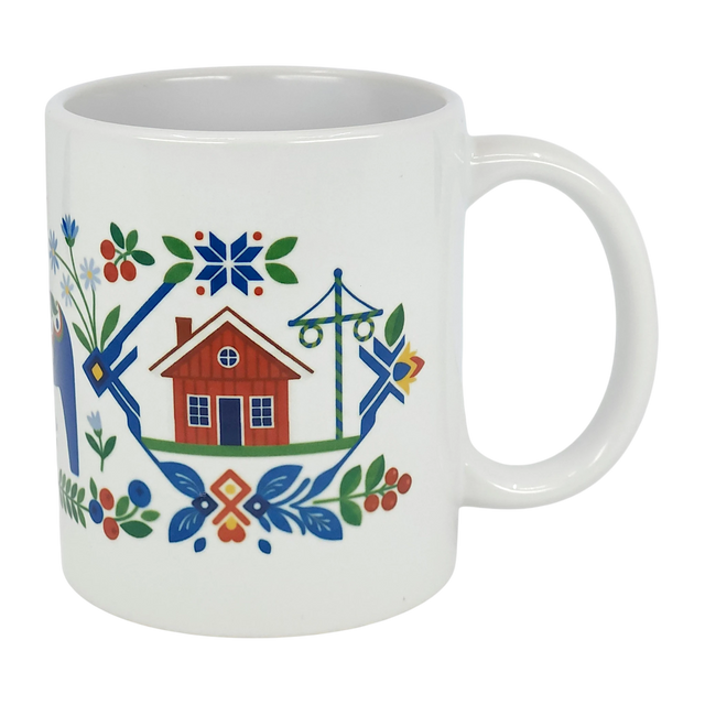 Brighten your table with the Nordic Wholesale Mug: Swedish Folk Art — Blue Dala Horse, Church & Red House. This 11oz ceramic mug features charming Scandinavian folk art motifs, including a red house, blue Dala horse, church, floral details, green leaves, and intricate geometric patterns—perfect for adding a touch of traditional Swedish style to your daily routine.
