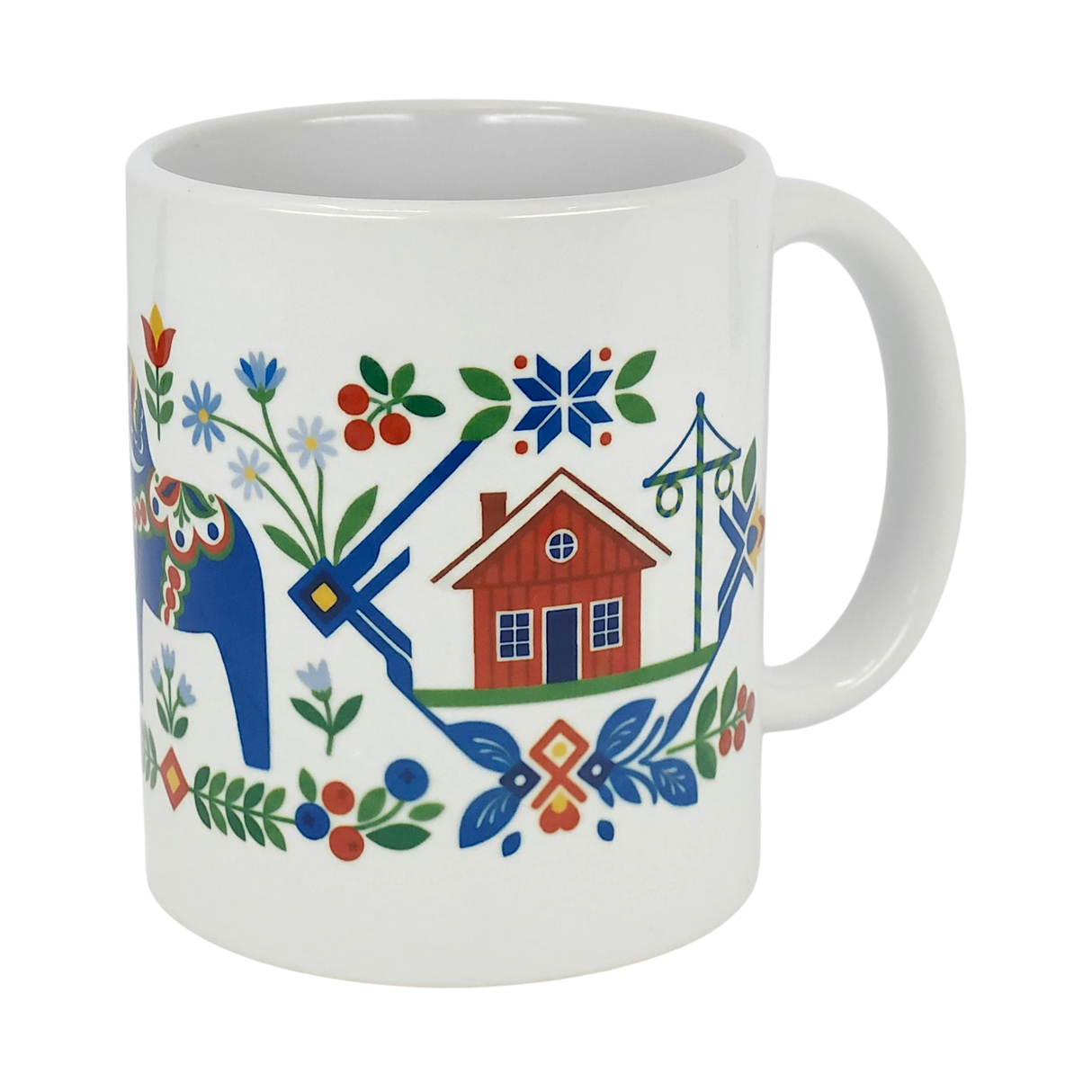 Enjoy your morning coffee with the Mug: Swedish Folk Art — Blue Dala Horse, Church & Red House from Nordic Wholesale. This 11oz ceramic mug features vibrant Scandinavian folk art, including a charming blue Dala horse, a classic red house, church, colorful flowers and leaves, all adorned with geometric patterns in blue, green, red, and yellow—a perfect addition for lovers of Swedish style.