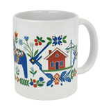 Enjoy your morning coffee with the Mug: Swedish Folk Art — Blue Dala Horse, Church & Red House from Nordic Wholesale. This 11oz ceramic mug features vibrant Scandinavian folk art, including a charming blue Dala horse, a classic red house, church, colorful flowers and leaves, all adorned with geometric patterns in blue, green, red, and yellow—a perfect addition for lovers of Swedish style.