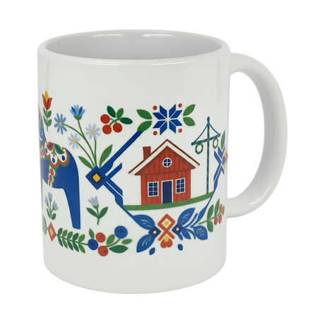 Enjoy your morning coffee with the Mug: Swedish Folk Art — Blue Dala Horse, Church & Red House from Nordic Wholesale. This 11oz ceramic mug features vibrant Scandinavian folk art, including a charming blue Dala horse, a classic red house, church, colorful flowers and leaves, all adorned with geometric patterns in blue, green, red, and yellow—a perfect addition for lovers of Swedish style.