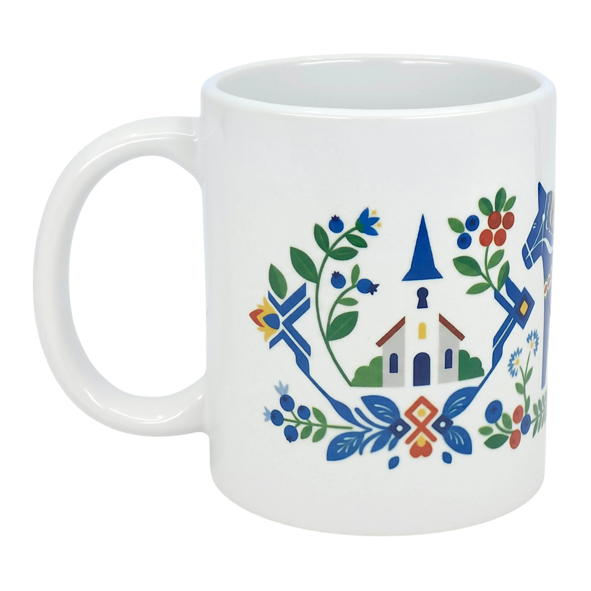 The Mug: Swedish Folk Art — Blue Dala Horse, Church & Red House by Nordic Wholesale is an 11oz white ceramic mug featuring a vibrant Scandinavian folk art design. The artwork beautifully showcases a blue church steeple, blue Dala horse, red house, and stylized flowers and leaves in blue, green, red, and yellow—capturing the spirit of traditional Swedish craftsmanship in every detail.