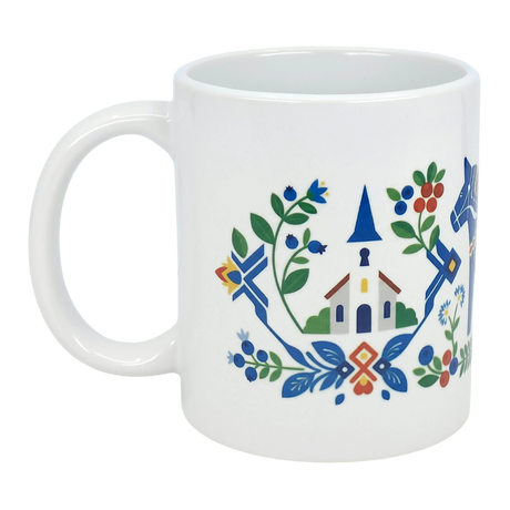 The Mug: Swedish Folk Art — Blue Dala Horse, Church & Red House by Nordic Wholesale is an 11oz white ceramic mug featuring a vibrant Scandinavian folk art design. The artwork beautifully showcases a blue church steeple, blue Dala horse, red house, and stylized flowers and leaves in blue, green, red, and yellow—capturing the spirit of traditional Swedish craftsmanship in every detail.