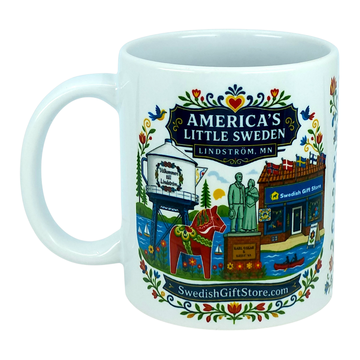 Enjoy your favorite beverage in the Mug: Swedish Gift Store America's Little Sweden Ceramic Mug (11 oz) by Nordic Wholesale. This charming white ceramic mug features colorful illustrations of Lindström, MN landmarks—including a water tower, statues, a Swedish Gift Store, a Dala horse, and classic Scandinavian designs. The text “America’s Little Sweden Lindström, MN” highlights the town’s heritage, making this Swedish-American mug the perfect gift for anyone who loves local culture or Nordic traditions.