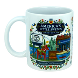 Enjoy your favorite beverage in the Mug: Swedish Gift Store America's Little Sweden Ceramic Mug (11 oz) by Nordic Wholesale. This charming white ceramic mug features colorful illustrations of Lindström, MN landmarks—including a water tower, statues, a Swedish Gift Store, a Dala horse, and classic Scandinavian designs. The text “America’s Little Sweden Lindström, MN” highlights the town’s heritage, making this Swedish-American mug the perfect gift for anyone who loves local culture or Nordic traditions.