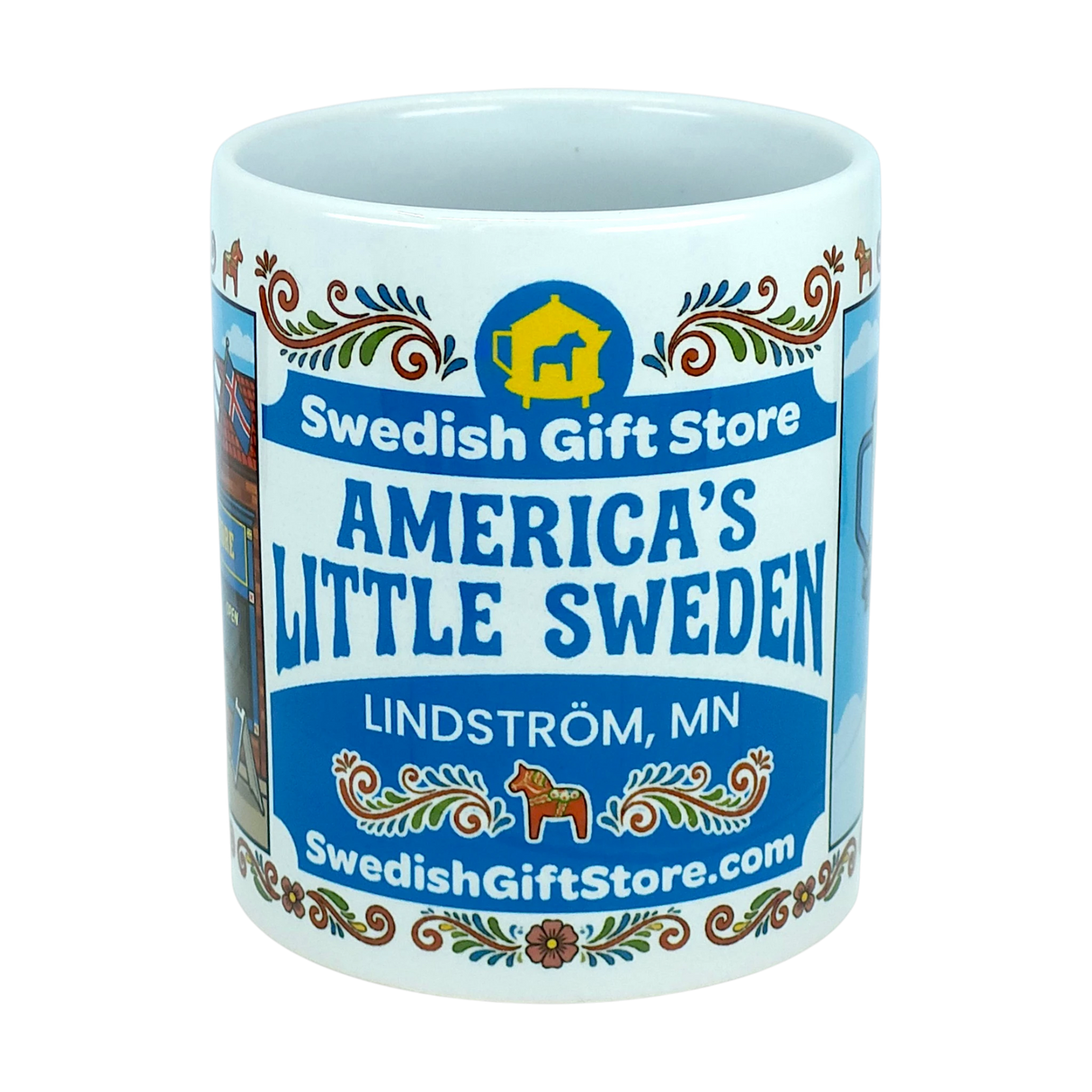 The Nordic Wholesale Mug: Swedish Gift Store America's Little Sweden Wraparound Ceramic Mug (11 oz) features vibrant, colorful designs including "Swedish Gift Store," "America's Little Sweden," "Lindström, MN," "SwedishGiftStore.com," and a yellow Dala horse icon on a blue background—making it the perfect Swedish-American mug for celebrating your heritage.