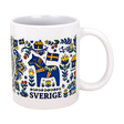The Nordic Wholesalers Mug: Swedish Icons & Dala Horse Folk Art Ceramic Mug (11 oz) features Swedish folk art with a blue Dala horse, yellow and blue flags, flowers, houses, and "Sverige" beneath the charming design.
