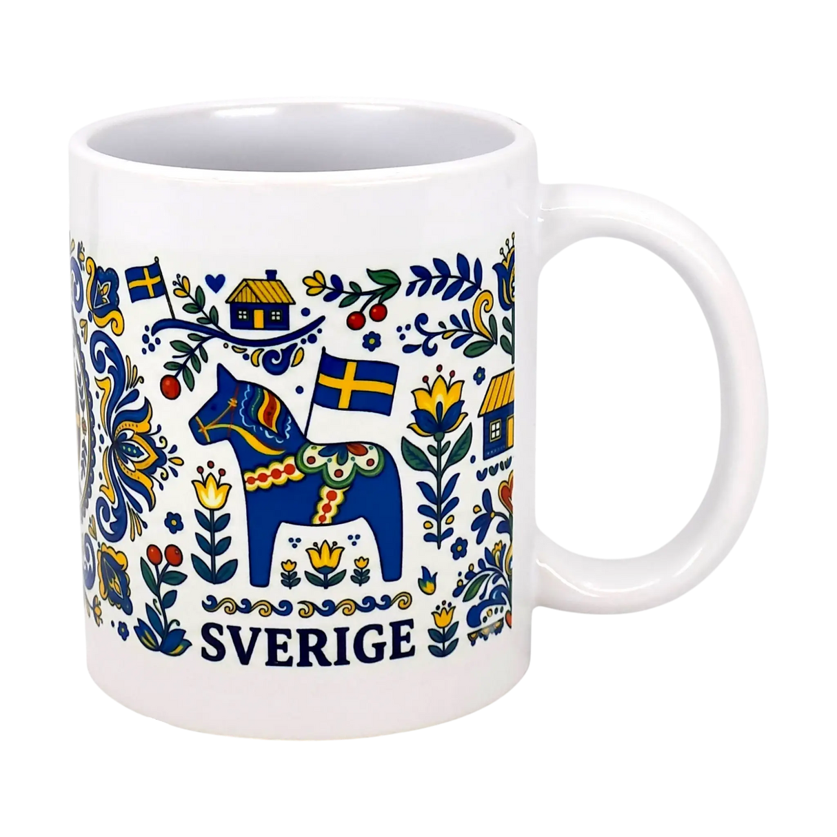 The Nordic Wholesalers Mug: Swedish Icons & Dala Horse Folk Art Ceramic Mug (11 oz) features Swedish folk art with a blue Dala horse, yellow and blue flags, flowers, houses, and "Sverige" beneath the charming design.