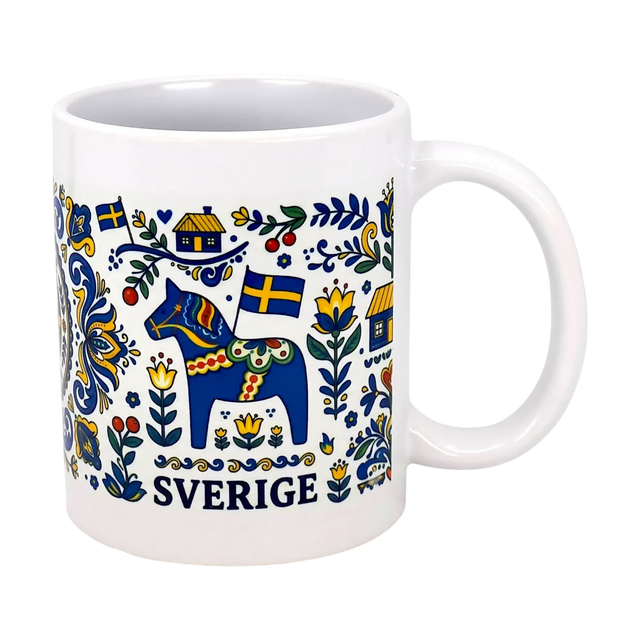 The Nordic Wholesalers Mug: Swedish Icons & Dala Horse Folk Art Ceramic Mug (11 oz) features Swedish folk art with a blue Dala horse, yellow and blue flags, flowers, houses, and "Sverige" beneath the charming design.