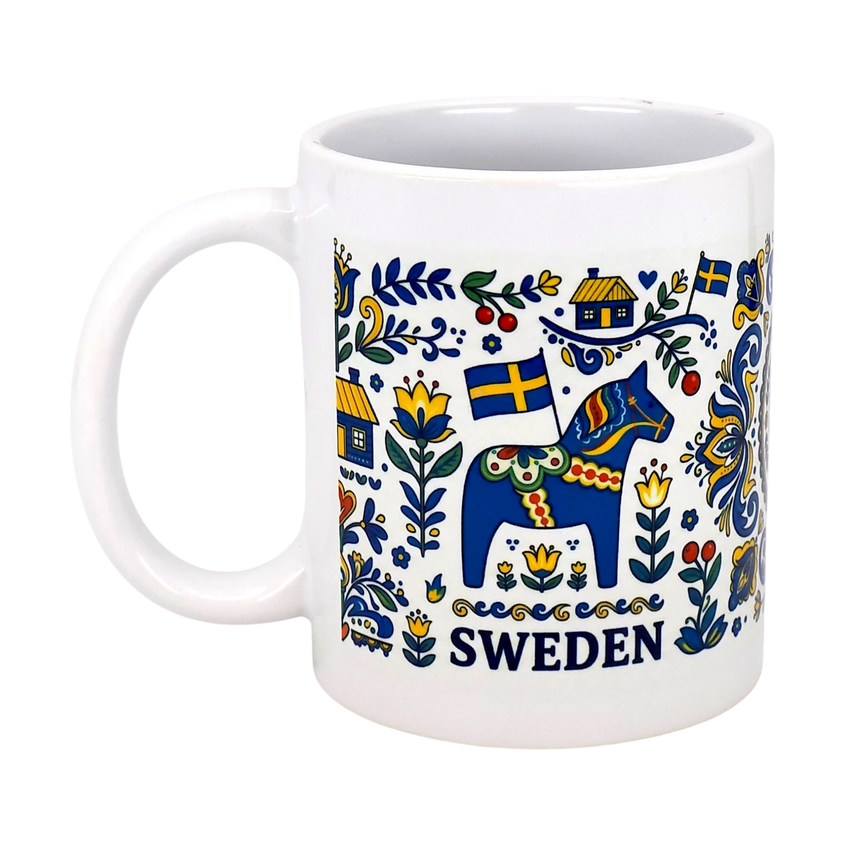 The Nordic Wholesalers Mug: Swedish Icons & Dala Horse Folk Art Ceramic Mug (11 oz) features a vibrant blue Dala horse, flowers, houses, and Swedish flags with "SWEDEN" printed below the design.