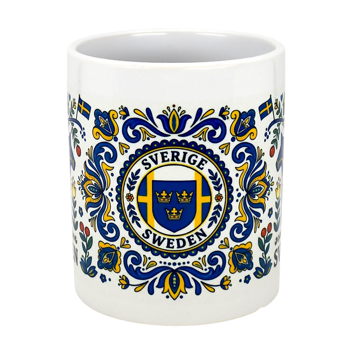 The Nordic Wholesalers Mug: Swedish Icons & Dala Horse Folk Art Ceramic Mug (11 oz) features blue and yellow folk art, a three crowns crest, floral motifs, small Swedish flags, and the words Sverige Sweden.
