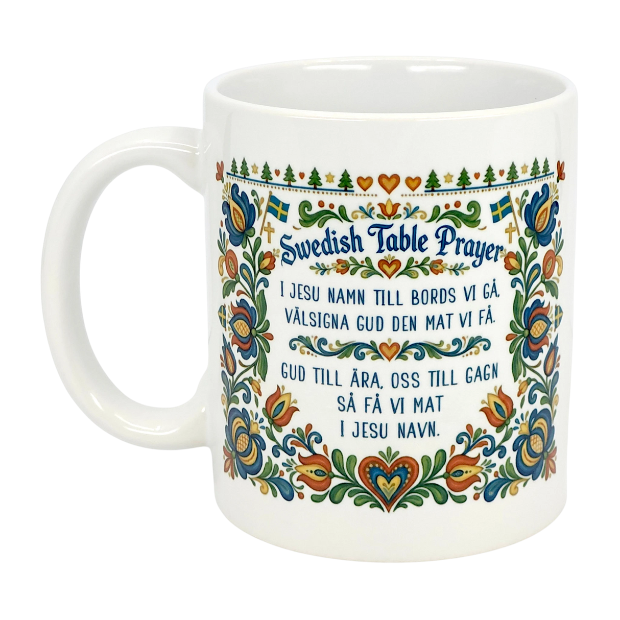 The Mug: Swedish Table Prayer Ceramic Kurbits Mug (11 oz) by Nordic Wholesale features the Swedish Table Prayer in both languages with vibrant floral and heart motifs—a meaningful heritage gift.