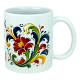 The Mug: There's No Place Like Home Rosemaling Ceramic Mug (11 oz) by Nordic Wholesale is a white ceramic coffee mug adorned with a vibrant floral and leaf pattern in red, yellow, green, and blue hues, inspired by classic Scandinavian folk art designs.