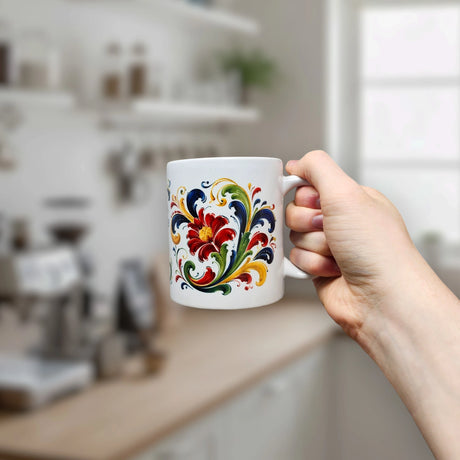A hand holds the "There's No Place Like Home Rosemaling Ceramic Mug" (11 oz) by Nordic Wholesale, featuring a vibrant Norwegian Rosemaling-inspired floral design, in a softly blurred modern kitchen setting.
