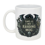 The Nordic Wholesale Mug: This Is My Raiding Mug Viking Ceramic Mug (11 oz) features a Norse design with a fantasy dragon, wolves, shields, and the quote "THIS IS MY RAIDING MUG"—perfect for your next quest.