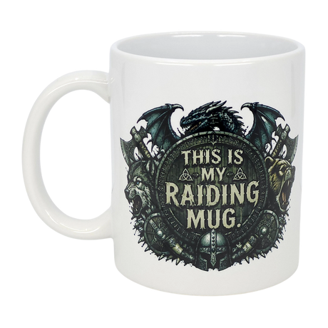 The Nordic Wholesale Mug: This Is My Raiding Mug Viking Ceramic Mug (11 oz) features a Norse design with a fantasy dragon, wolves, shields, and the quote "THIS IS MY RAIDING MUG"—perfect for your next quest.