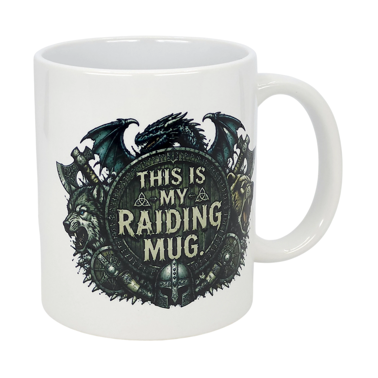 The Nordic Wholesale 11 oz ceramic mug features a fantasy Viking design with a dragon, wolf, bear, medieval weapons, and helmets around a shield reading "This Is My Raiding Mug.