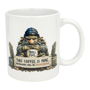 The Mug: Troll Fuel Ceramic Coffee Mug (11 oz) by Nordic Wholesale features a cartoon troll in a blue hat with a "TROLL FUEL" sign and bold warning: THIS COFFEE IS MINE. TRESPASSERS WILL BE DECAFFEINATED, plus decorative stones and Nordic folklore symbols.