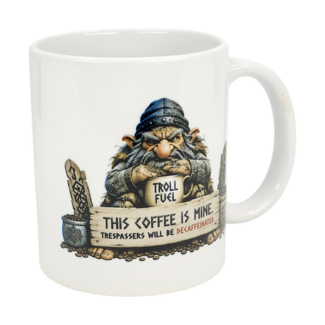 The Nordic Wholesale Mug: Troll Fuel Ceramic Coffee Mug (11 oz) features a grumpy troll in a knit cap holding a sign: “Troll Fuel. This coffee is mine. Trespassers will be decaffeinated.” A fun pick for fans of quirky Scandinavian folklore mugs.