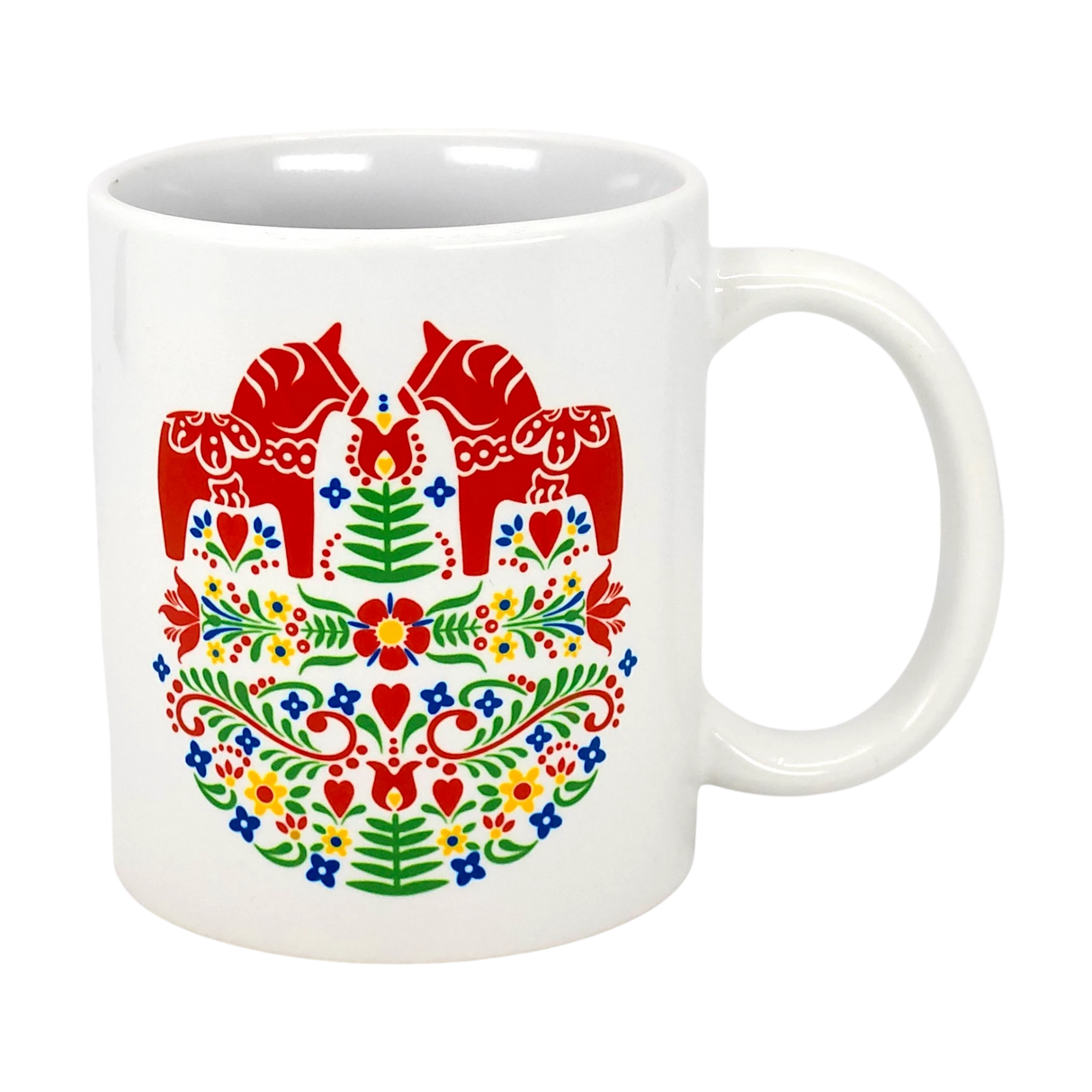 The Swedish Gift Store’s 11oz ceramic mug features two red Dala horses facing each other amid colorful Swedish folk flowers.