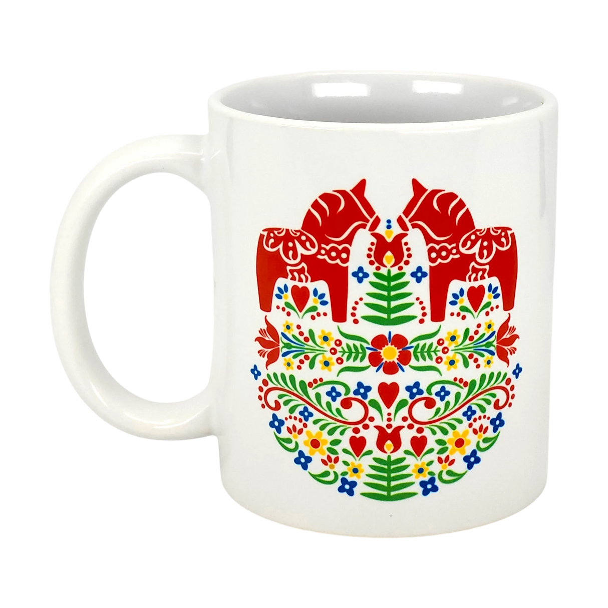The Swedish Gift Store's 11oz ceramic mug features two red Dala Horses in a field of colorful Swedish folk flowers.