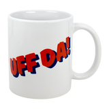 The Swedish Gift Store’s Classic "Uff Da!" Ceramic Mug (11 oz) features bold red and blue 3D lettering, making it a stylish white Scandinavian coffee cup to showcase your Nordic spirit.