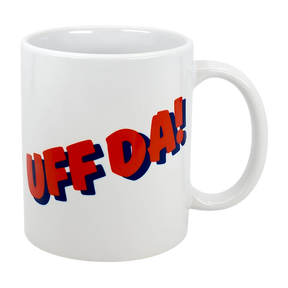 The Swedish Gift Store’s Classic "Uff Da!" Ceramic Mug (11 oz) features bold red and blue 3D lettering, making it a stylish white Scandinavian coffee cup to showcase your Nordic spirit.