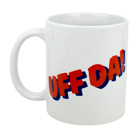 The Nordic Wholesale Mug: Classic "Uff Da!" Ceramic Mug (11 oz) features bold red and blue lettering on white—an ideal Scandinavian coffee cup to brighten your morning routine.