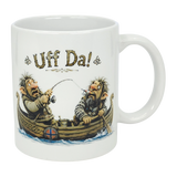 The Nordic Wholesale Mug: Uff Da Fishing Trolls Ceramic Mug (11 oz) features two cartoon trolls fishing in a wooden boat with a Norwegian flag and bold “Uff Da!” text, capturing their playful, surprised expressions.