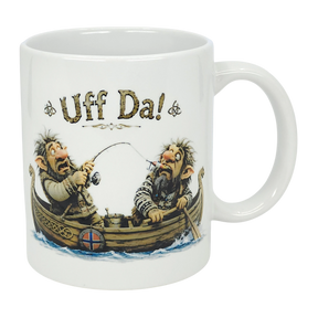 The Nordic Wholesale Mug: Uff Da Fishing Trolls Ceramic Mug (11 oz) features two cartoon trolls fishing in a wooden boat with a Norwegian flag and bold “Uff Da!” text, capturing their playful, surprised expressions.
