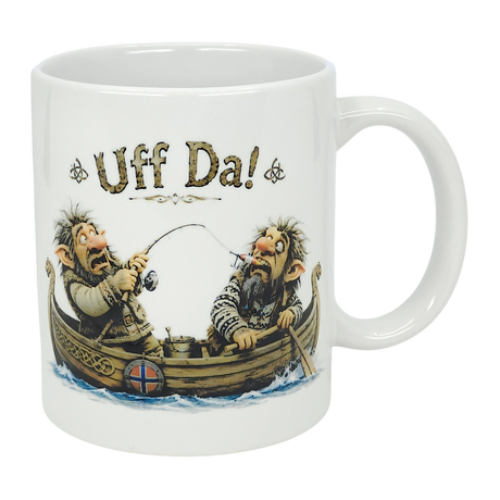 The Nordic Wholesale Mug: Uff Da Fishing Trolls Ceramic Mug (11 oz) features two cartoon trolls fishing in a wooden boat with a Norwegian flag and bold “Uff Da!” text, capturing their playful, surprised expressions.