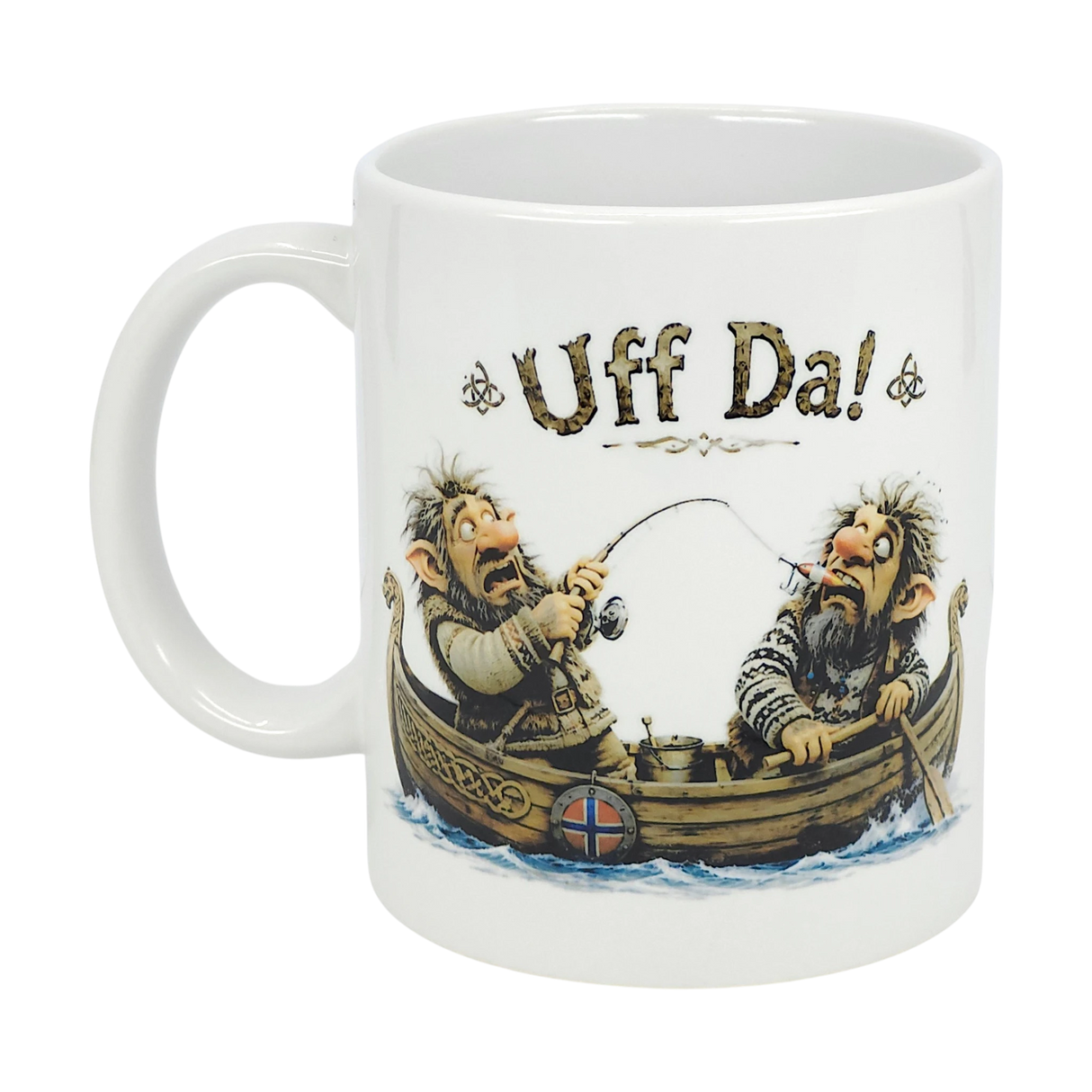The Nordic Wholesale Mug: Uff Da Fishing Trolls Ceramic Mug (11 oz Capacity) shows two cartoon trolls fishing—one hooks the other's nose! “Uff Da!” tops the scene, while a Norwegian flag is on the boat. A fun addition to any mug collection!.