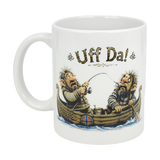 The Nordic Wholesale Mug: Uff Da Fishing Trolls Ceramic Mug (11 oz Capacity) shows two cartoon trolls fishing—one hooks the other's nose! “Uff Da!” tops the scene, while a Norwegian flag is on the boat. A fun addition to any mug collection!.