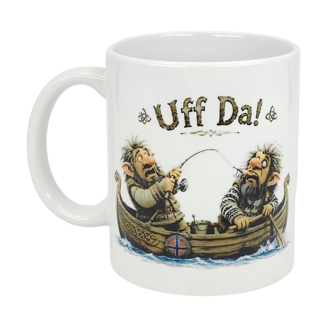 The Nordic Wholesale Mug: Uff Da Fishing Trolls Ceramic Mug (11 oz Capacity) shows two cartoon trolls fishing—one hooks the other's nose! “Uff Da!” tops the scene, while a Norwegian flag is on the boat. A fun addition to any mug collection!.