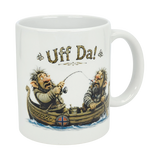 The Nordic Wholesale Mug: Uff Da Fishing Trolls Ceramic Mug (11 oz) features two cartoon trolls fishing in a boat with a Norwegian flag and "Uff Da!"—a charming Scandinavian mug perfect for fans of Nordic style.