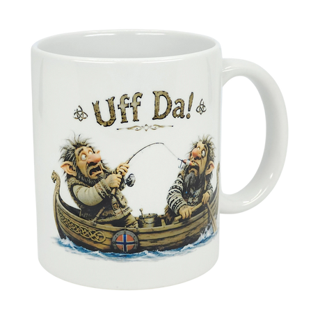 The Nordic Wholesale Mug: Uff Da Fishing Trolls Ceramic Mug (11 oz) features two cartoon trolls fishing in a boat with a Norwegian flag and "Uff Da!"—a charming Scandinavian mug perfect for fans of Nordic style.