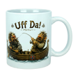 The Mug: Uff Da Fishing Trolls Ceramic Mug (11 oz Capacity) from Nordic Wholesale features two cartoon trolls in a Viking boat—one fishing while the other reacts in surprise—with "Uff Da!" printed above them, capturing classic Scandinavian humor.