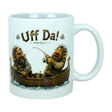 The Mug: Uff Da Fishing Trolls Ceramic Mug (11 oz Capacity) from Nordic Wholesale features two cartoon trolls in a Viking boat—one fishing while the other reacts in surprise—with "Uff Da!" printed above them, capturing classic Scandinavian humor.