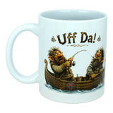 The Mug: Uff Da Fishing Trolls Ceramic Mug (11 oz Capacity) by Nordic Wholesale features two cartoon trolls fishing from a wooden boat with a Norwegian flag. Above them, the large playful text reads “Uff Da!”—making this ceramic mug ideal for anyone who enjoys Scandinavian humor and charming designs.