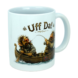Enjoy your morning coffee with the Mug: Uff Da Fishing Trolls Ceramic Mug (11 oz Capacity) from Nordic Wholesale—a whimsical white mug adorned with two cartoonish trolls fishing in a Viking-style boat. One troll looks surprised as the other reels in a catch, while "Uff Da!" appears above them for that signature touch of Scandinavian humor. This charming ceramic mug also features a Norwegian flag detail, making it the perfect gift for fans of Nordic culture and trolls.