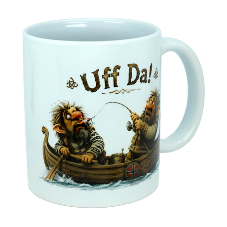 Enjoy your morning coffee with the Mug: Uff Da Fishing Trolls Ceramic Mug (11 oz Capacity) from Nordic Wholesale—a whimsical white mug adorned with two cartoonish trolls fishing in a Viking-style boat. One troll looks surprised as the other reels in a catch, while "Uff Da!" appears above them for that signature touch of Scandinavian humor. This charming ceramic mug also features a Norwegian flag detail, making it the perfect gift for fans of Nordic culture and trolls.