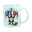 White ceramic mug with the text Uff Da and an illustration of a Scandinavian tomte gnome standing next to a spilled mug.