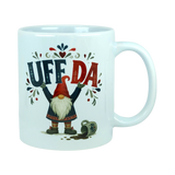 White ceramic mug with the text Uff Da and an illustration of a Scandinavian tomte gnome standing next to a spilled mug.