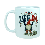 White mug featuring a Nordic tomte illustration with the text UFF DA above a spilled mug.