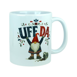 White mug with a tomte gnome holding the text UFF DA, a spilled mug illustration, and Scandinavian floral accents.