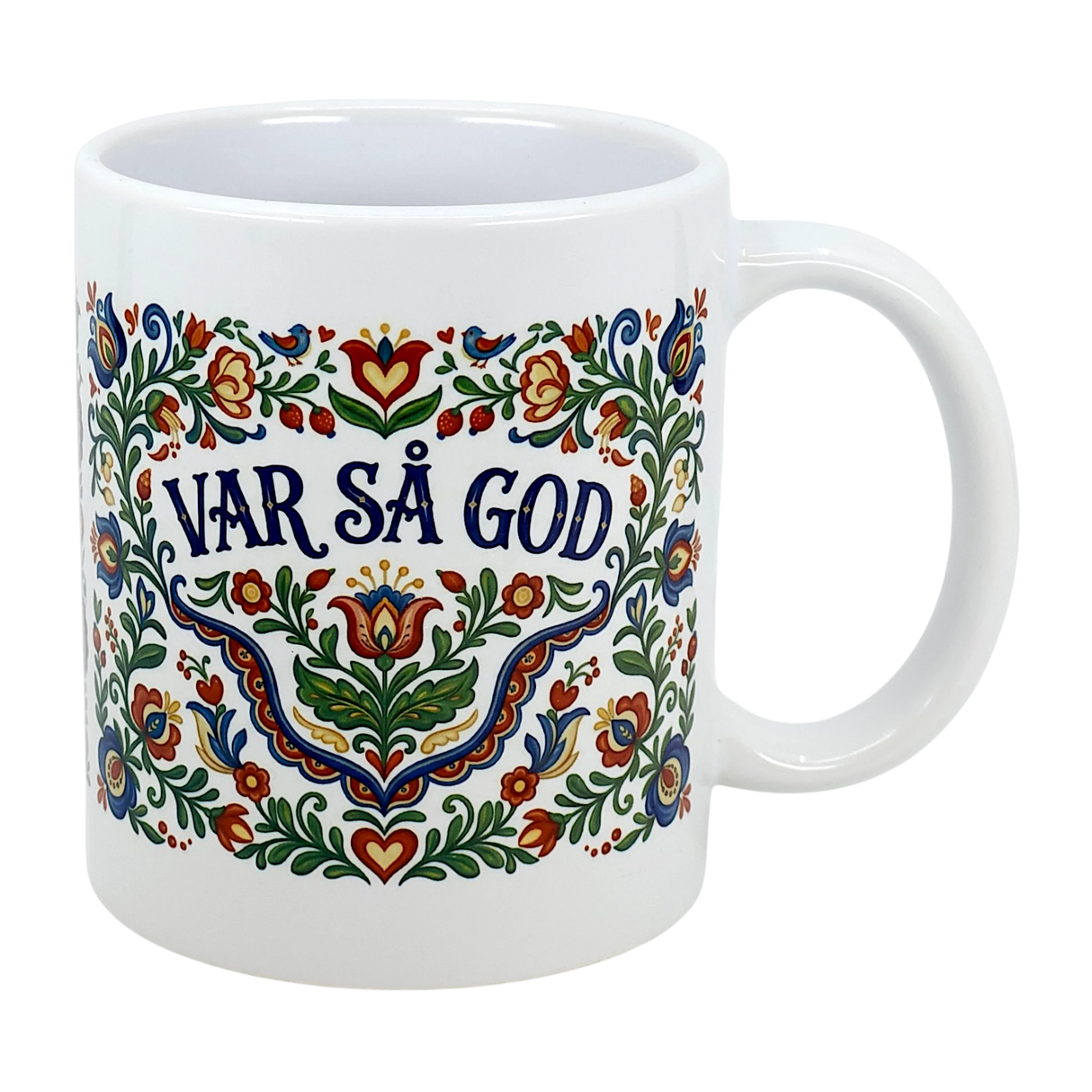 The Mug: Var Sa God Swedish Kurbits Folk Art Ceramic Mug (11 oz) by Nordic Wholesalers features colorful, traditional Swedish folk art floral designs and the phrase "Var så god" in bold blue at the center.