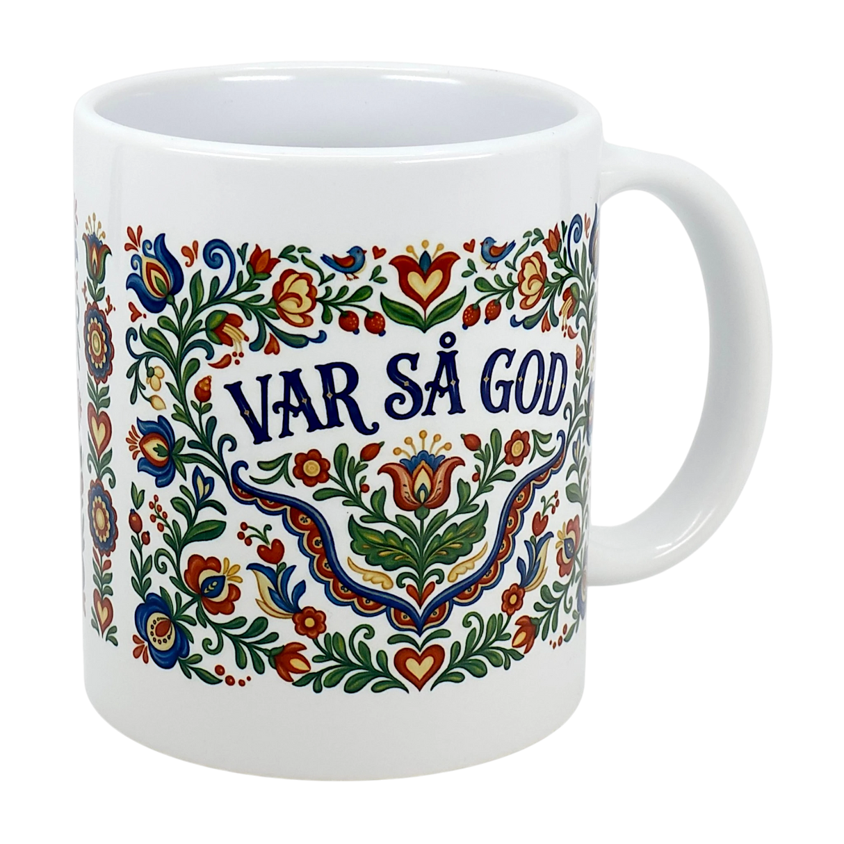 The Nordic Wholesalers 11 oz ceramic mug features colorful Swedish kurbits folk art and "Var Sa God" in the center—a cheerful, traditional cup perfect for coffee or as a Swedish-inspired gift.