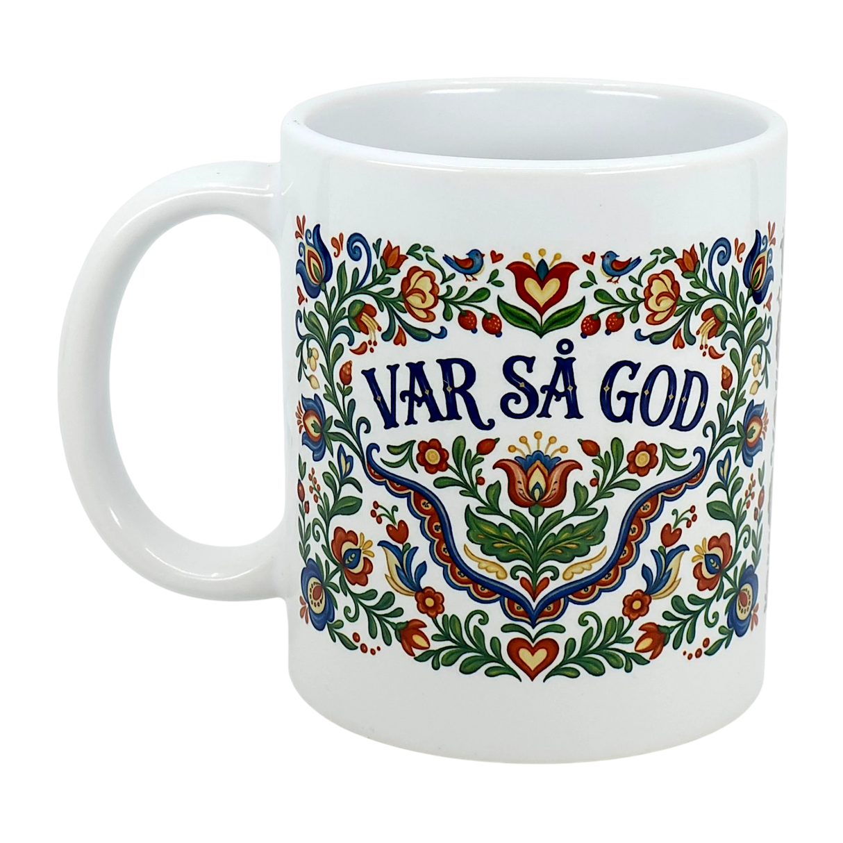 The 11 oz Mug: Var Sa God Swedish Kurbits Folk Art Ceramic Mug by Nordic Wholesalers features colorful Scandinavian floral patterns and the phrase "VAR SÅ GOD" in bold blue letters at the center.