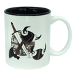 Presenting the Mug: Viking Coat of Arms | Black Interior—a classic 11oz white ceramic mug by Odin Limited. Its black rim and interior frame a striking Viking coat of arms design on one side, showcasing a bold Viking shield, two horned helmets, sword, and axe.